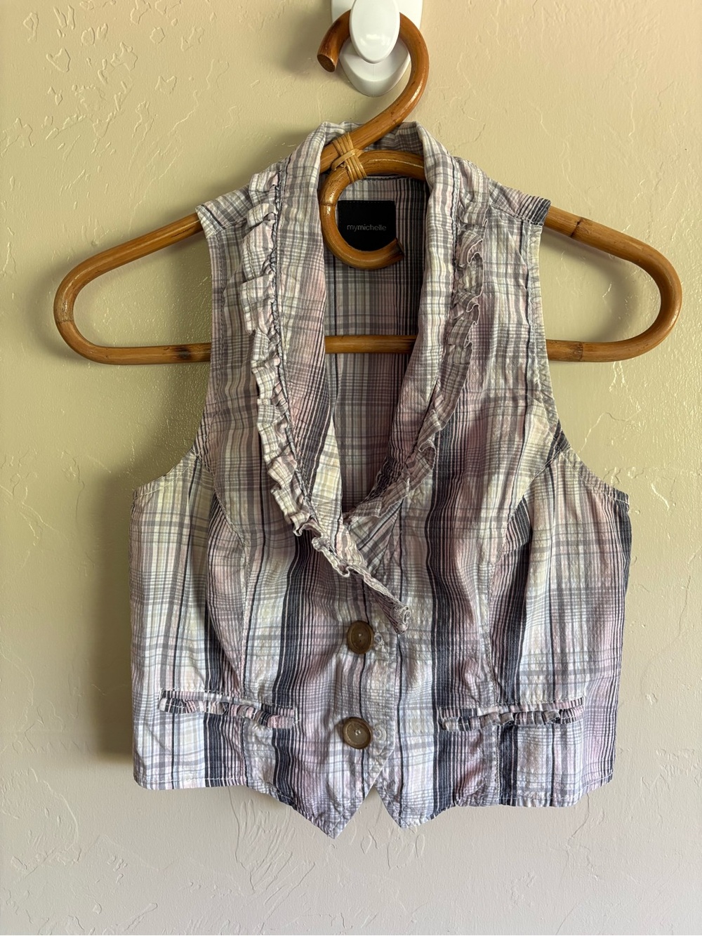 Y2K 2000s MyMichelle Ruffle Color Plaid Cropped Vest Size Large Pink Yellow Grey